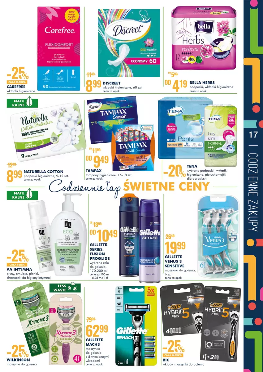 Gazetka promocyjna Super Pharm - Gazetka - ważna 14.10 do 24.10.2021 - strona 17 - produkty: Bell, Bella, BIC, Carefree, Chusteczki, Chusteczki do higieny, Cień, Discreet, Gillette, Mach3, Majtki, Maszynka, Maszynka do golenia, Naturell, Naturella, Pax, Pieluchomajtki, Podpaski, Por, Ser, Szynka, Tampax, Tampony, Venus, Wkładki