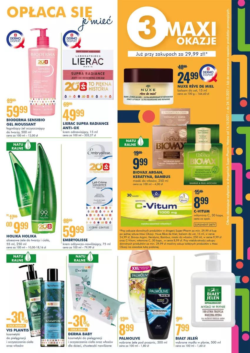 Gazetka promocyjna Super Pharm - Gazetka - ważna 14.10 do 24.10.2021 - strona 3 - produkty: Balsam do ust, Biały Jeleń, Bioderma, Biovax, Chusteczki, Chusteczki nawilzane, Dzieci, Embryolisse, Fa, Holika Holika, HP, Kosmetyki do pielęgnacji, Lierac, Mydło, Mydło w płynie, Nuxe, Olej, Palmolive, Pur, Suplement diety