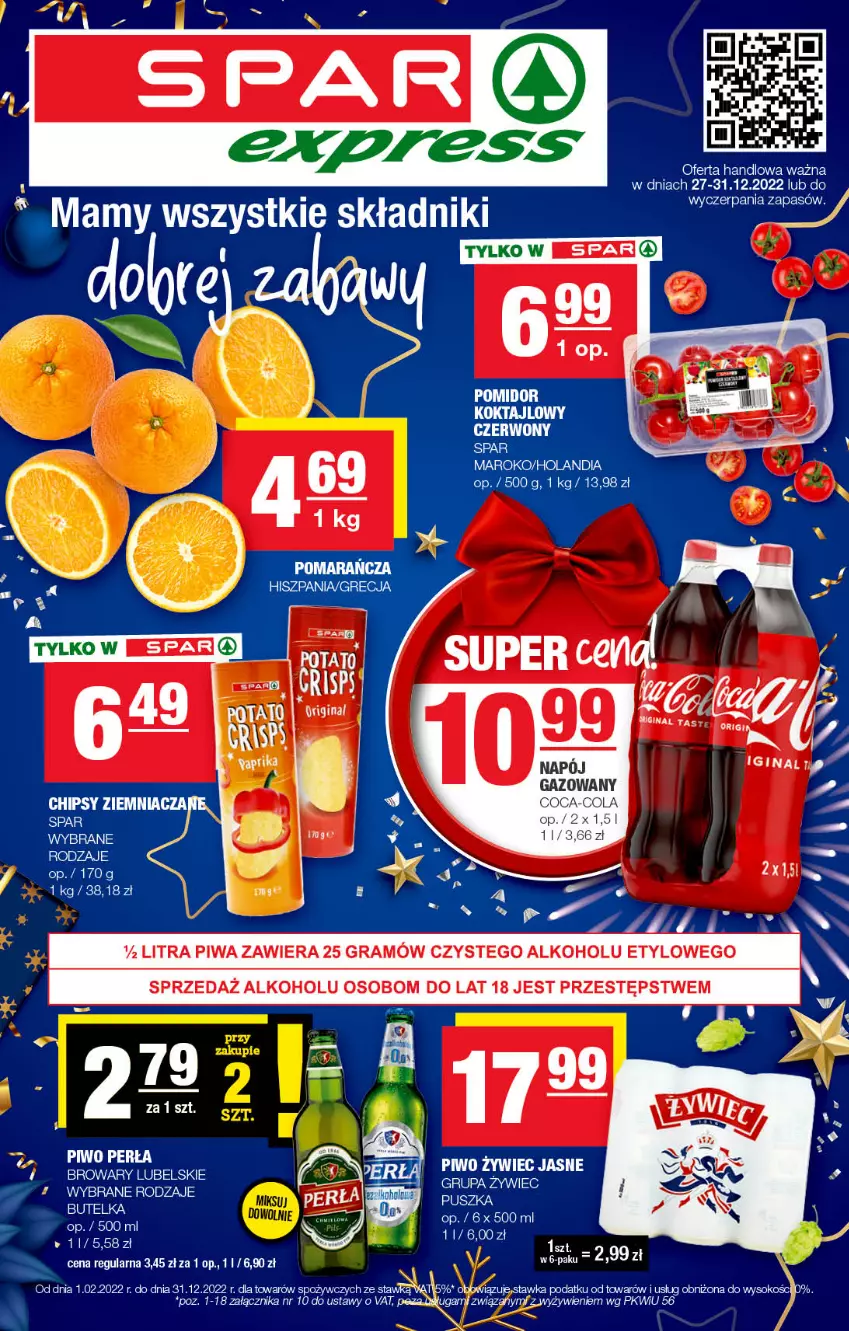 Gazetka promocyjna Spar - SparExpress - ważna 27.12.2022 do 06.01.2023 - strona 1 - produkty: Coca-Cola, Gra, Napój, Perła, Piwa, Piwo, Sok