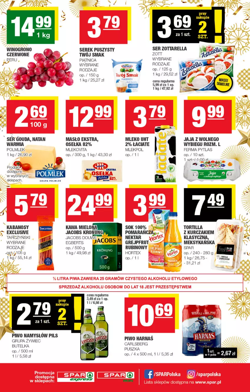 Gazetka promocyjna Spar - SparExpress - ważna 27.12.2022 do 06.01.2023 - strona 2 - produkty: Carlsberg, Gouda, Grejpfrut, Hortex, Jacobs, Jaja, Kabanos, Kawa, Kawa mielona, Kurczak, Masło, Mleko, Mlekovita, Namysłów, Nektar, Piątnica, Piwo, POLMLEK, Rubin, Ser, Serek, Serek puszysty, Sok, Tortilla, Twój Smak, Wino, Zott, Zottarella