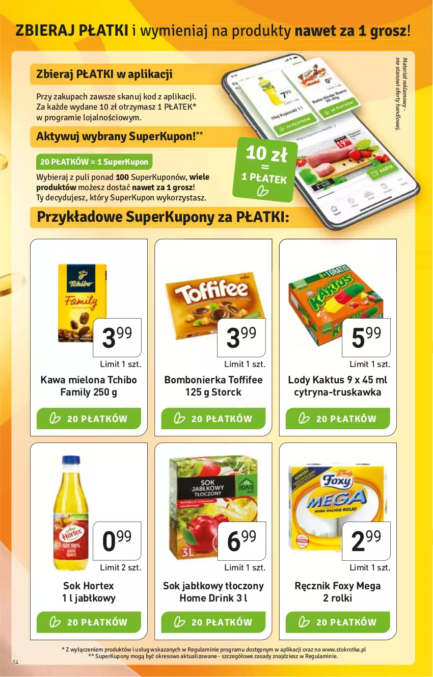 Gazetka promocyjna Stokrotka - Supermarket - ważna 30.06 do 06.07.2022 - strona 14 - produkty: Fa, Foxy, Hortex, HP, Kaktus, Kawa, Kawa mielona, Lody, Ręcznik, Rolki, Sok, Sok jabłkowy, Tchibo, Tchibo Family, Toffifee