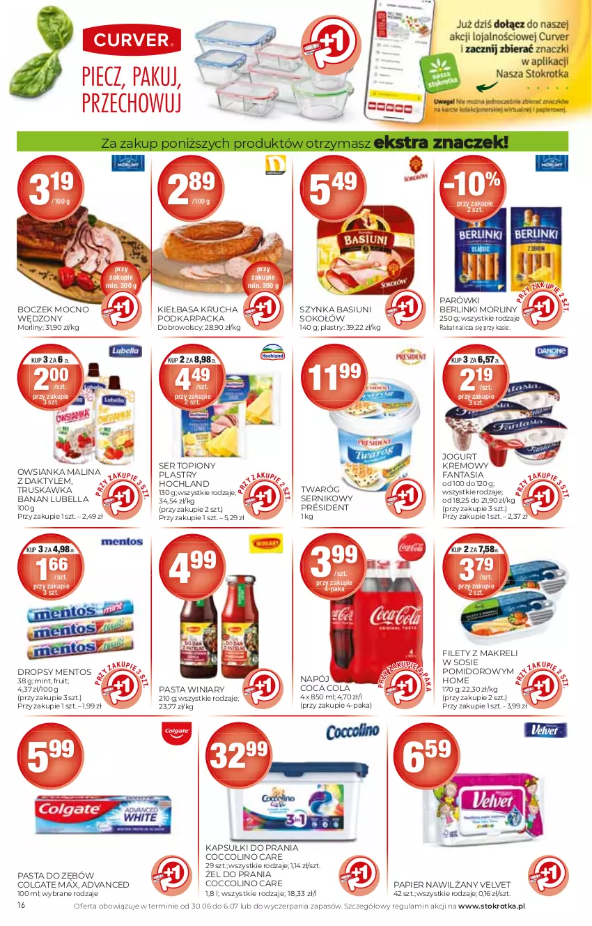 Gazetka promocyjna Stokrotka - Supermarket - ważna 30.06 do 06.07.2022 - strona 16 - produkty: Bell, Bella, Berlinki, Boczek, Coccolino, Colgate, Daktyle, Fa, Fanta, Hochland, Jogurt, Kapsułki do prania, Karp, Kiełbasa, Kiełbasa krucha, LG, Lubella, Mentos, Morliny, Napój, Owsianka, Papier, Parówki, Pasta do zębów, Président, Ser, Ser topiony, Sok, Sokołów, Sos, Szynka, Top, Twaróg, Velvet, Winiary