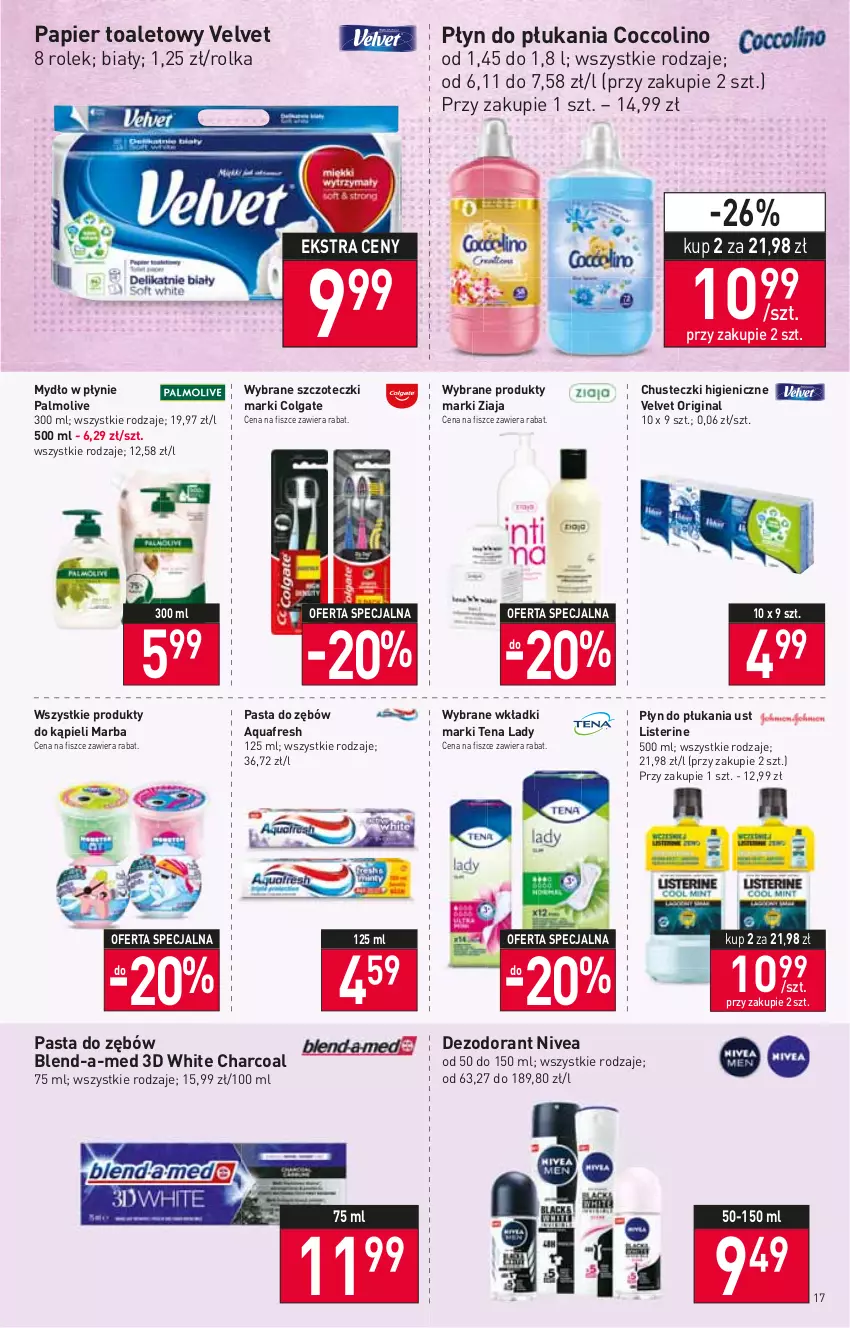 Gazetka promocyjna Stokrotka - Supermarket - ważna 30.06 do 06.07.2022 - strona 17 - produkty: Aquafresh, Blend-a-Med, Chusteczki, Coccolino, Colgate, Dezodorant, Gin, LG, Listerine, Mydło, Mydło w płynie, Nivea, Palmolive, Papier, Papier toaletowy, Pasta do zębów, Płyn do płukania, Velvet, Wkładki, Ziaja