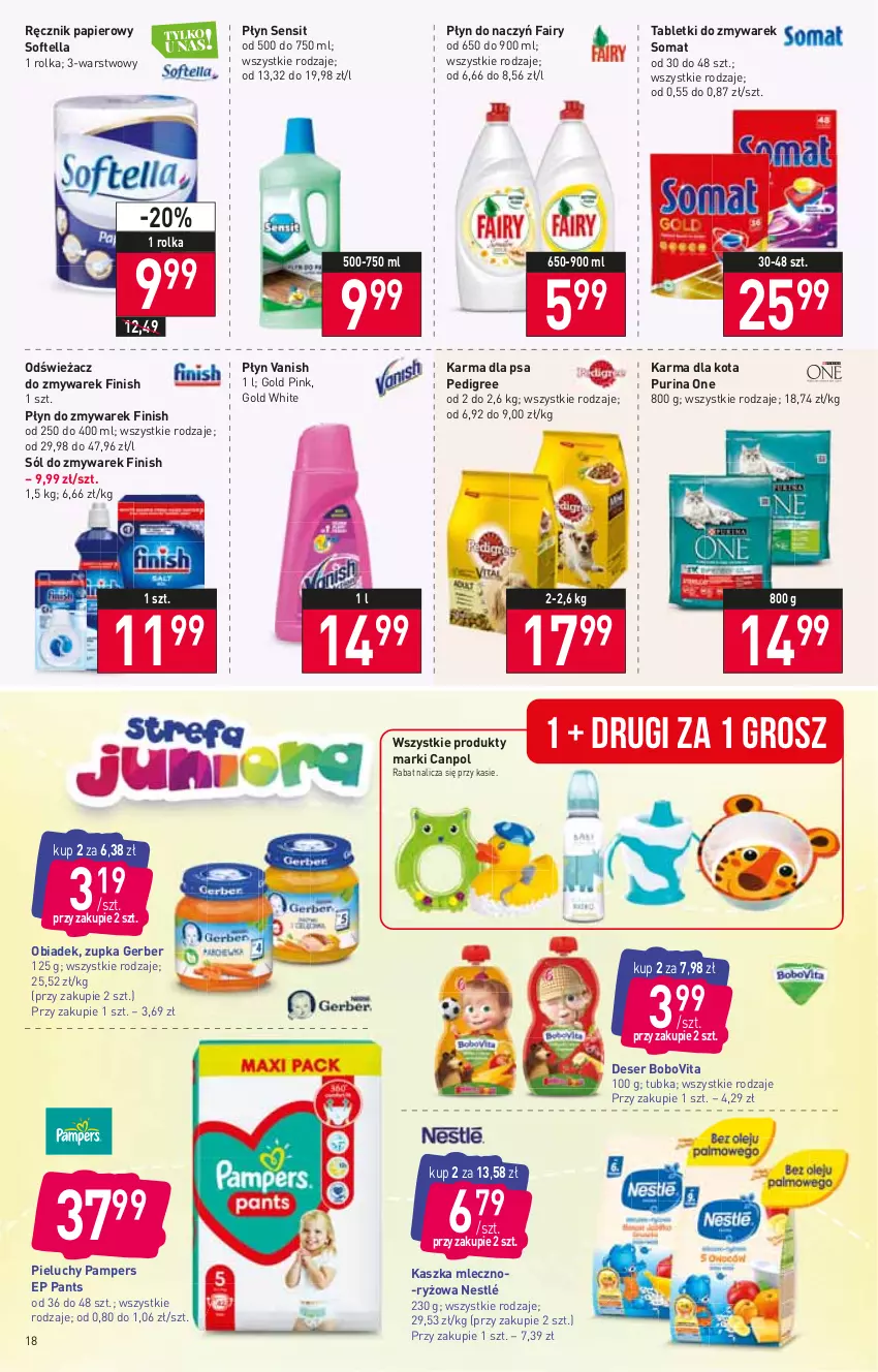 Gazetka promocyjna Stokrotka - Supermarket - ważna 30.06 do 06.07.2022 - strona 18 - produkty: BoboVita, Canpol, Deser, Fa, Fairy, Finish, Gerber, Nestlé, Pampers, Papier, Pedigree, Pieluchy, Pur, Purina, Ręcznik, Ryż, Ser, Sól, Somat, Tablet, Vanish