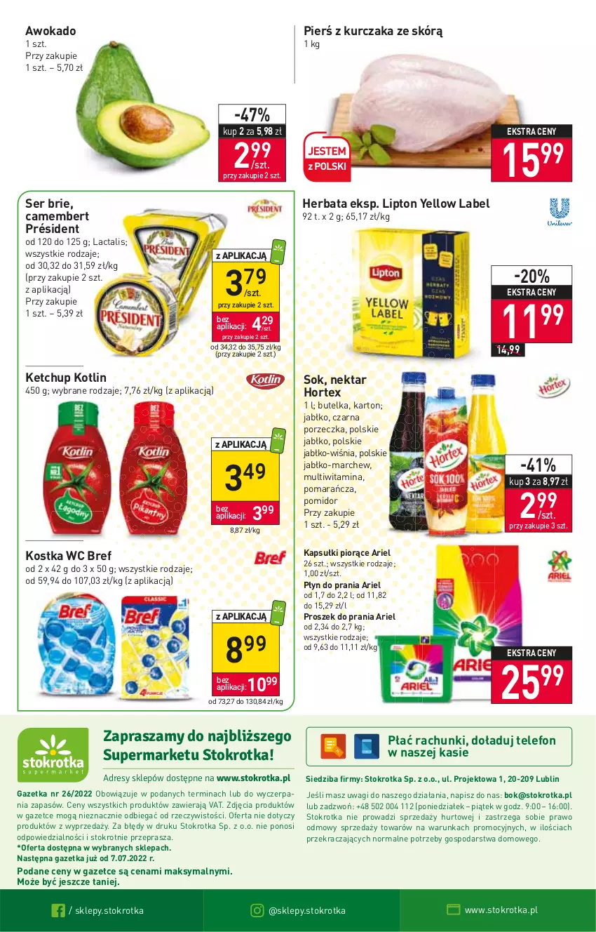 Gazetka promocyjna Stokrotka - Supermarket - ważna 30.06 do 06.07.2022 - strona 20 - produkty: Ariel, Bref, Brie, Camembert, Herbata, Hortex, Ketchup, Kotlin, Kurczak, Lipton, Nektar, O nas, Płyn do prania, Por, Président, Proszek do prania, Ser, Sok, Telefon, Wagi