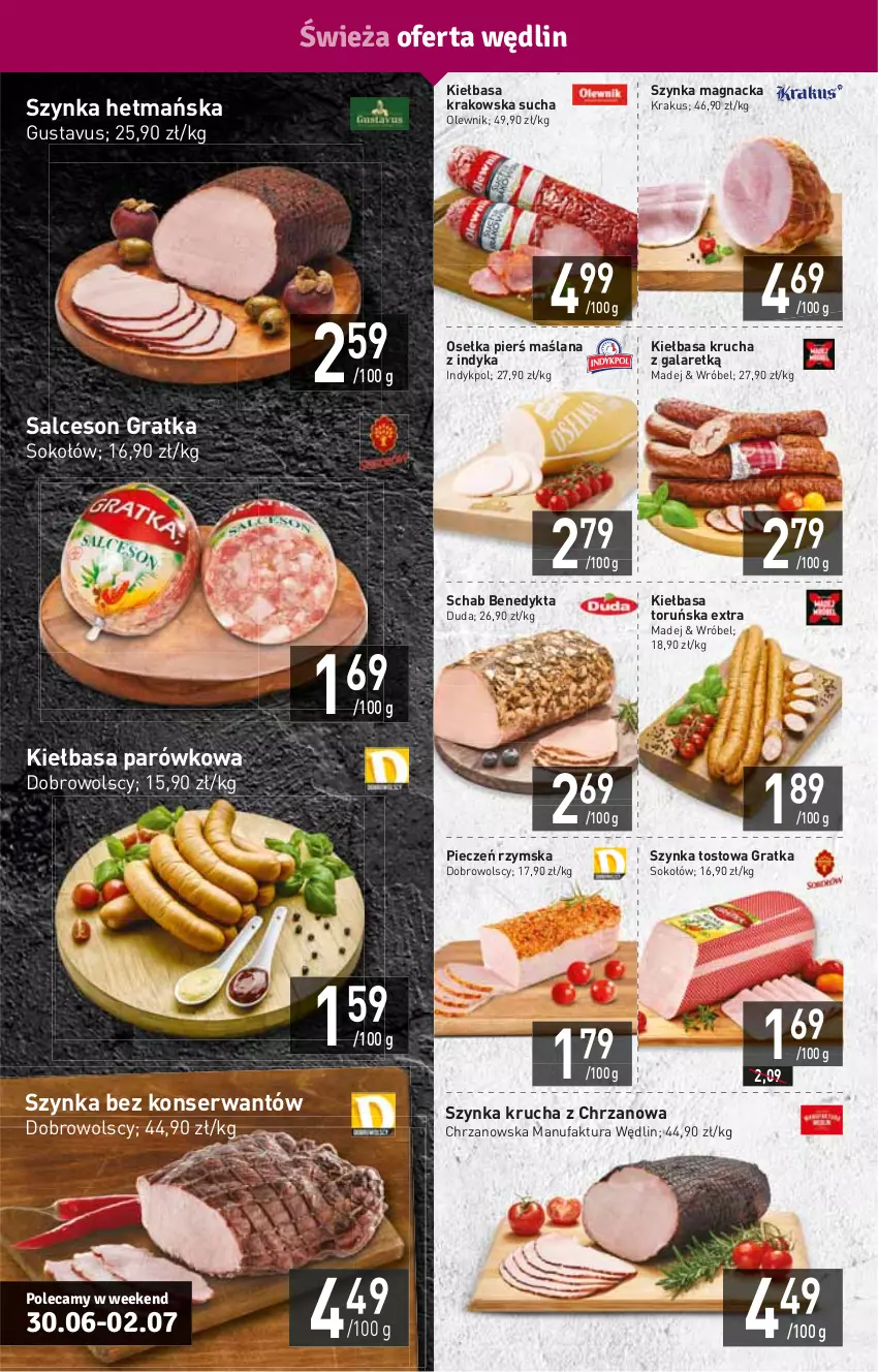 Gazetka promocyjna Stokrotka - Supermarket - ważna 30.06 do 06.07.2022 - strona 4 - produkty: Chrzan, Duda, Fa, Gala, Gra, HP, Kiełbasa, Kiełbasa krakowska, Kiełbasa krucha, Krakus, LANA, Olewnik, Piec, Pieczeń rzymska, Salceson, Schab Benedykta, Ser, Sok, Sokołów, Szynka