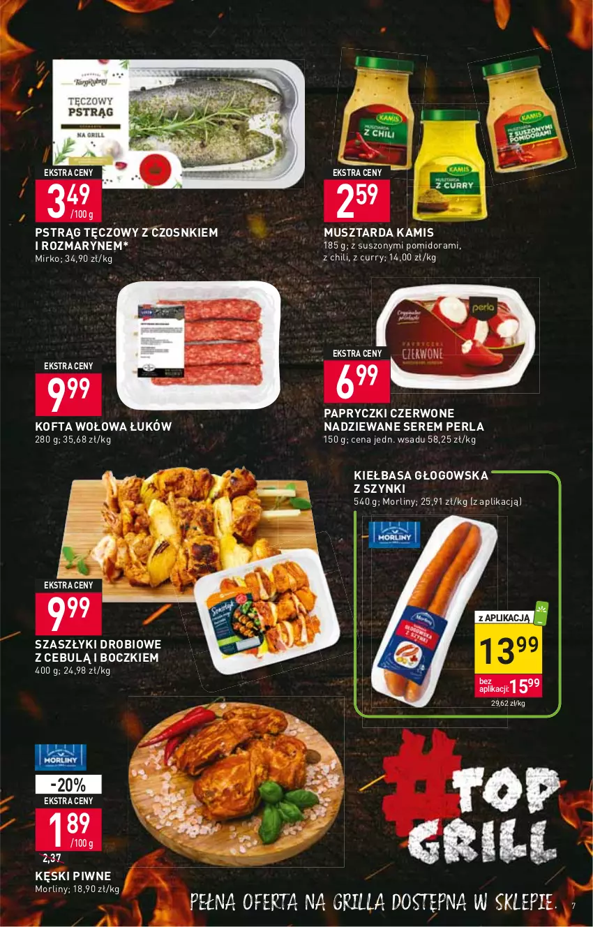 Gazetka promocyjna Stokrotka - Supermarket - ważna 30.06 do 06.07.2022 - strona 7 - produkty: Grill, Kamis, Kęski piwne, Kiełbasa, Kiełbasa głogowska, Morliny, Mus, Musztarda, Pstrąg, Pstrąg tęczowy, Ser