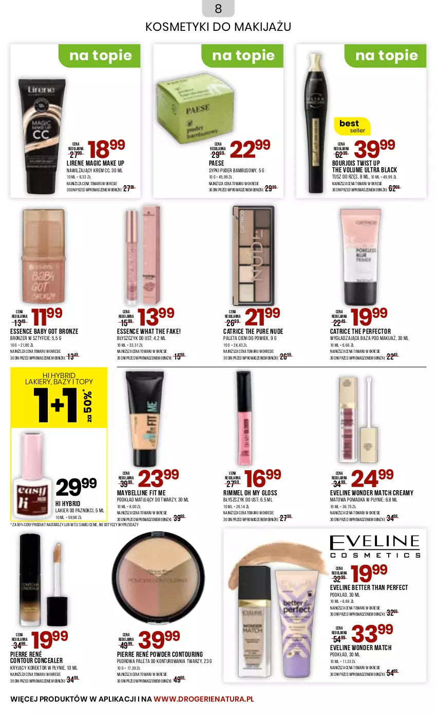 Gazetka promocyjna Drogerie Natura - Gazetka Drogerie Natura - ważna 05.03 do 03.04.2025 - strona 8 - produkty: Bell, Błyszczyk do ust, Bourjois, Bronzer, Catrice, Eveline, Fa, Lack, Lakier, Lakier do paznokci, Lirene, Makijaż, Maybelline, PAESE, Paleta, Pierre René, Podkład, Podkład matujący, Puder, Pur, Top, Tusz