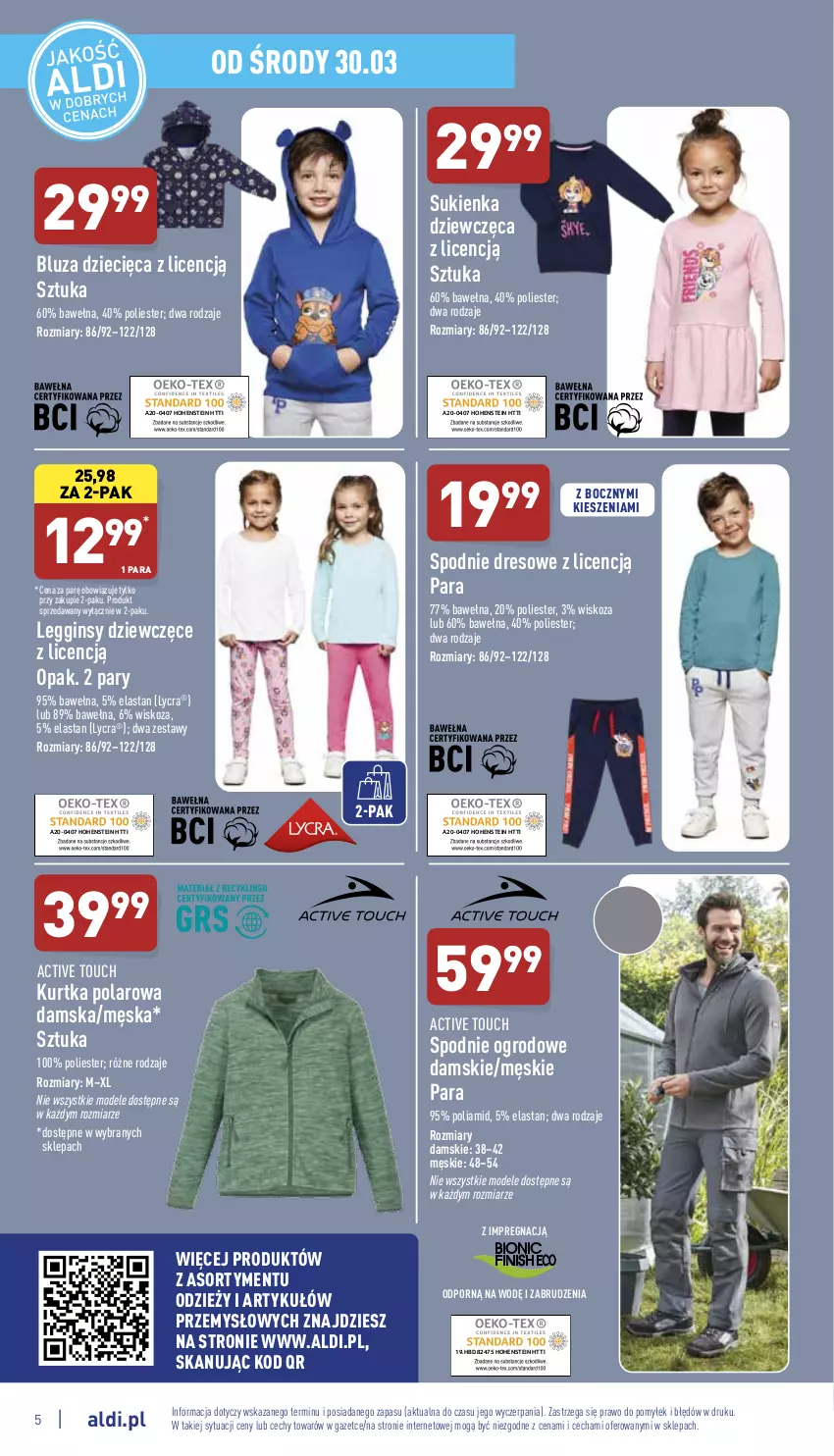 Gazetka promocyjna Aldi - Katalog Moda i Dom - ważna 30.03 do 02.04.2022 - strona 5 - produkty: Bluza, Dres, Dzieci, Gin, Kurtka, Legginsy, Por, Spodnie, Spodnie dresowe, Sukienka, Wełna