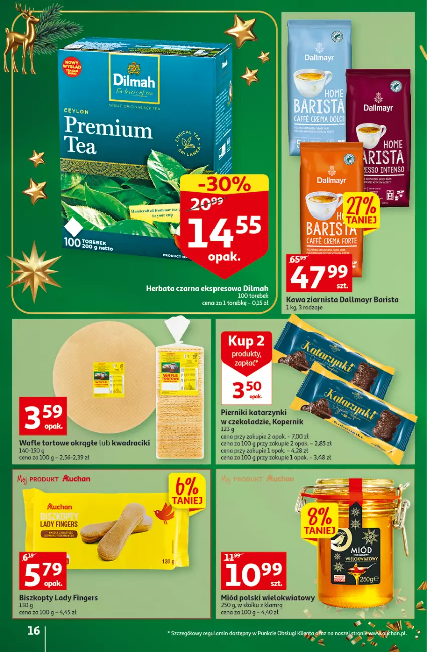 Gazetka promocyjna Auchan - Gazetka Magia Świąt Auchan Hipermarket - ważna 08.12 do 14.12.2022 - strona 16 - produkty: Biszkopty, Dallmayr, Kawa, Kawa ziarnista, Miód, Piernik, Wafle, Wafle tortowe