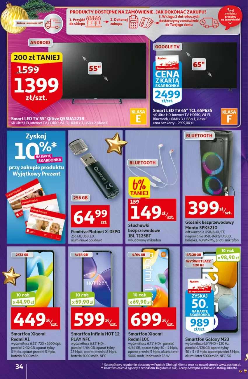 Gazetka promocyjna Auchan - Gazetka Magia Świąt Auchan Hipermarket - ważna 08.12 do 14.12.2022 - strona 34 - produkty: Akumulator, Bateria, Gala, Głośnik, Gry, JBL, Kosz, LED TV, Manta, Mikrofon, Pendrive, PLATINET, Smartfon