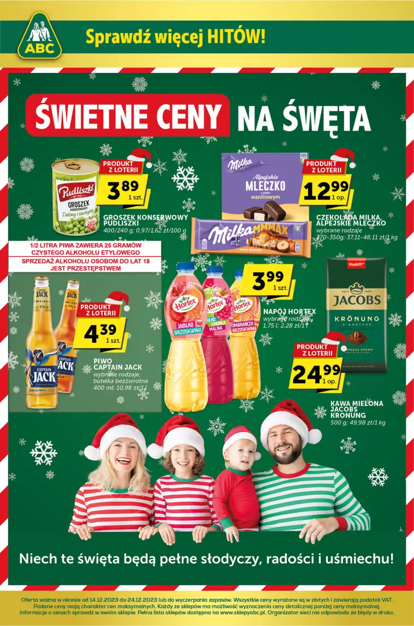 Gazetka promocyjna ABC - ważna 14.12 do 24.12.2023 - strona 1 - produkty: Captain Jack, Fa, Gra, Groszek, Jacobs, Kawa, Kawa mielona, Mleczko, Piwa, Pudliszki