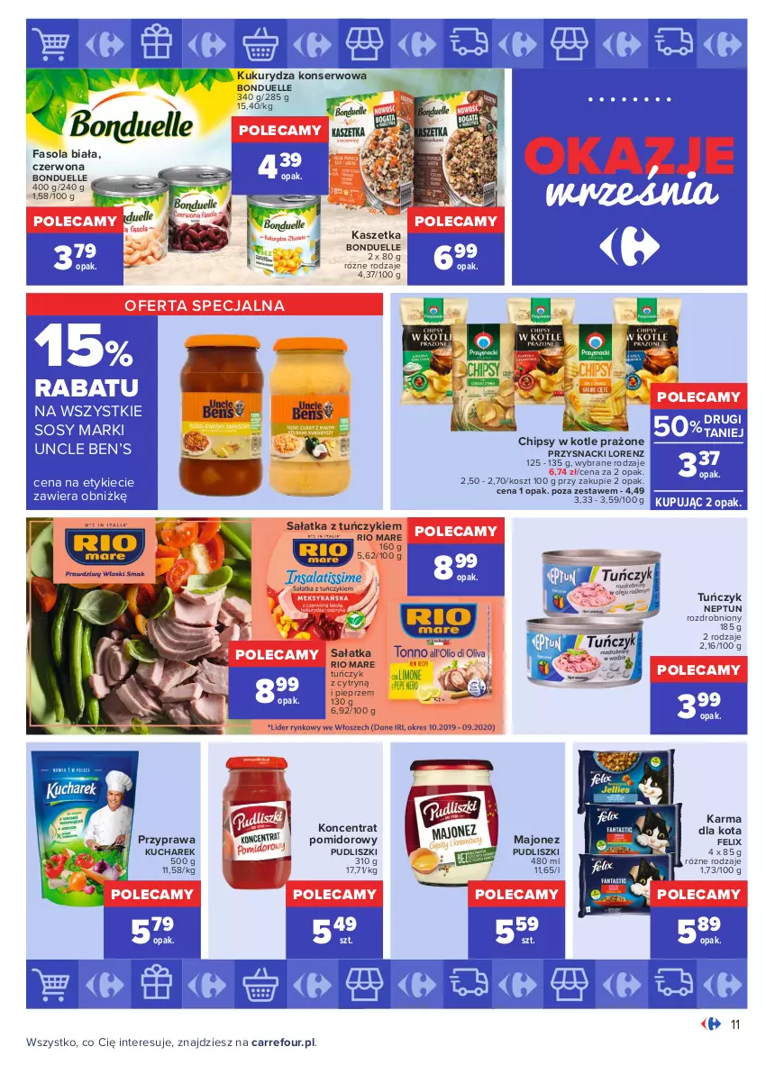 Gazetka promocyjna Carrefour - Gazetka Okazje września - ważna 31.08 do 25.09.2021 - strona 11 - produkty: Bonduelle, Chipsy, Fa, Fasola, Felix, Kaszetka, Koncentrat pomidorowy, Kosz, Kucharek, Kukurydza, Kukurydza konserwowa, Lorenz, Majonez, Pieprz, Przysnacki, Pudliszki, Rio Mare, Sałat, Sałatka, Ser, Sos, Tuńczyk