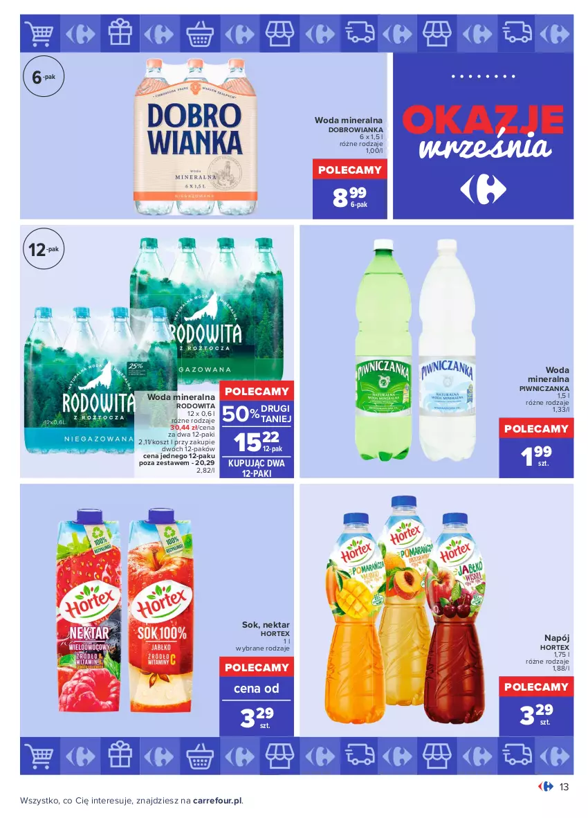 Gazetka promocyjna Carrefour - Gazetka Okazje września - ważna 31.08 do 25.09.2021 - strona 13 - produkty: Dobrowianka, Hortex, Kosz, Napój, Nektar, Sok, Woda, Woda mineralna