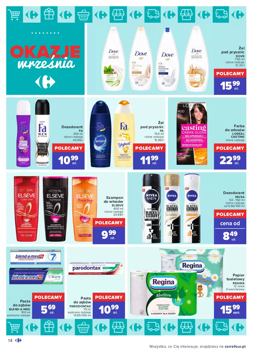 Gazetka promocyjna Carrefour - Gazetka Okazje września - ważna 31.08 do 25.09.2021 - strona 14 - produkty: Blend-a-Med, Dezodorant, Dove, Elseve, Fa, Farba do włosów, Gin, L’Oréal, Nivea, Papier, Papier toaletowy, Parodontax, Pasta do zębów, Szampon