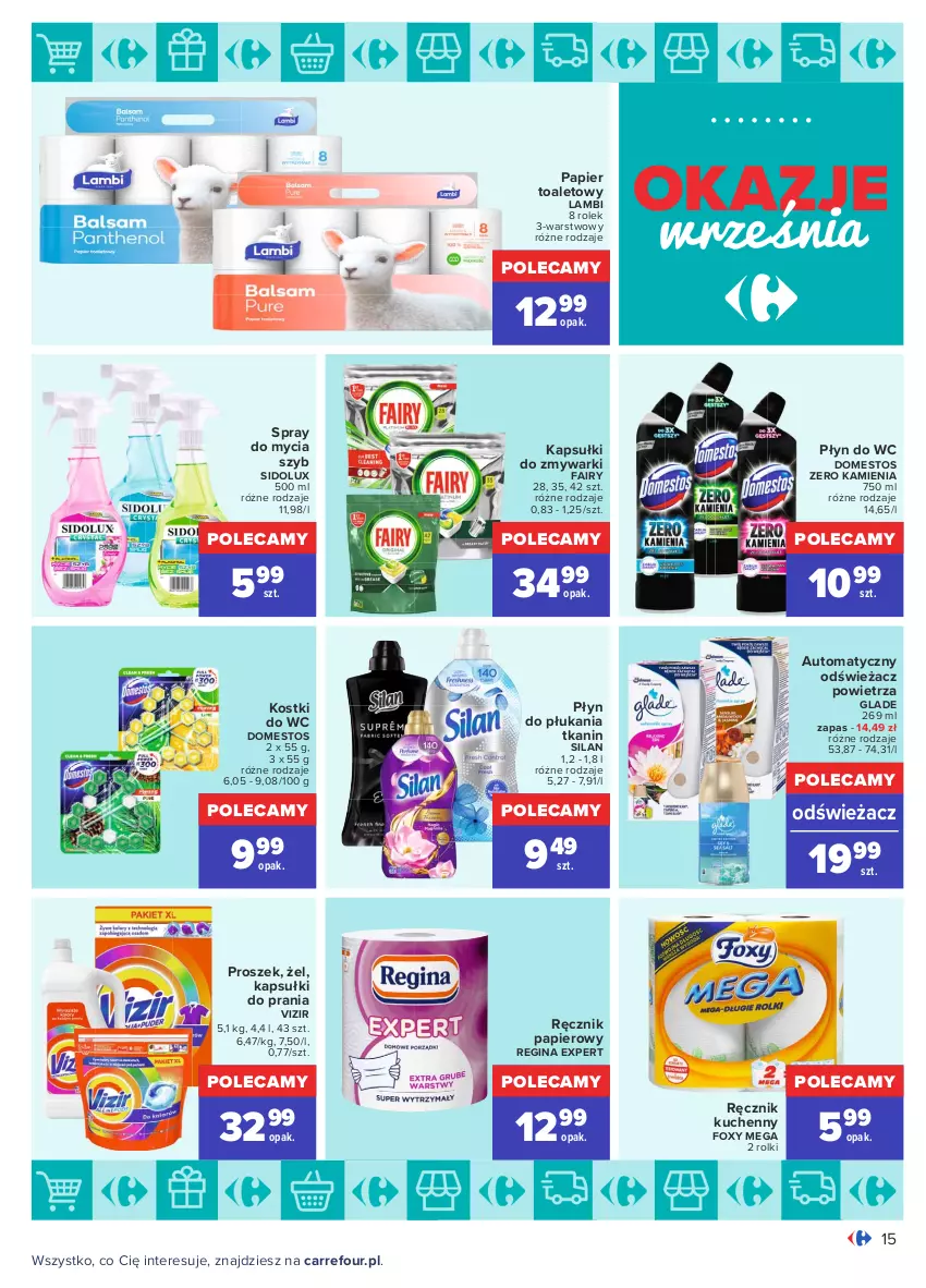 Gazetka promocyjna Carrefour - Gazetka Okazje września - ważna 31.08 do 25.09.2021 - strona 15 - produkty: Domestos, Fa, Fairy, Foxy, Gin, Kapsułki do prania, Odświeżacz powietrza, Papier, Papier toaletowy, Płyn do płukania, Płyn do wc, Ręcznik, Ręcznik kuchenny, Rolki, Sidolux, Silan, Vizir, Zmywarki