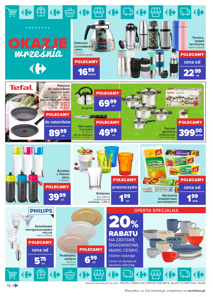 Gazetka promocyjna Carrefour - Gazetka Okazje września - ważna 31.08 do 25.09.2021 - strona 18 - produkty: Brit, Brita, Czajnik, Danio, Dzbanek, Fa, Gra, Herbata, Jan Niezbędny, Kubek, Kubek termiczny, LANA, Patelnia, Philips, Podkład, Podkładka, Por, Szklanka, Termos