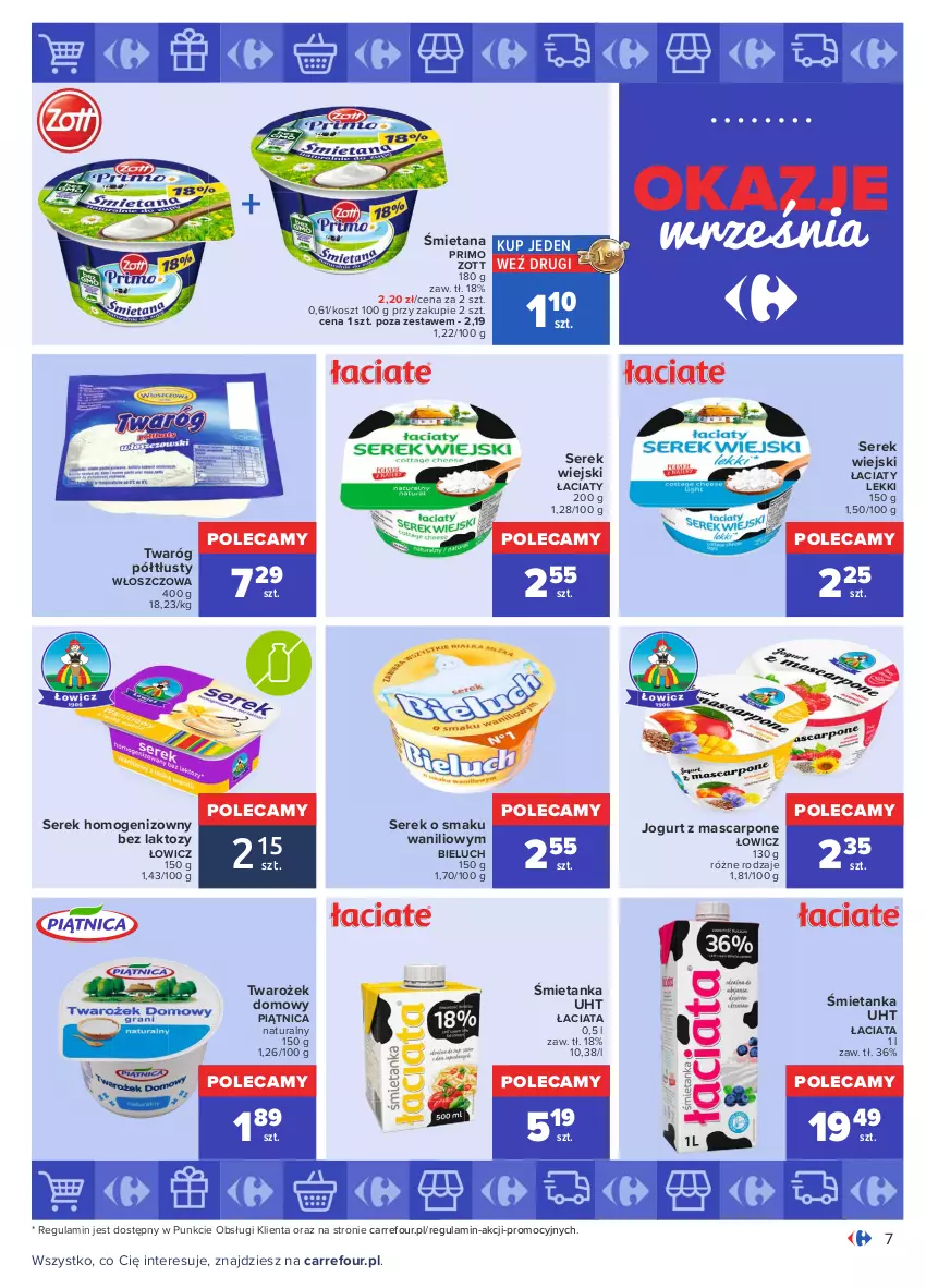 Gazetka promocyjna Carrefour - Gazetka Okazje września - ważna 31.08 do 25.09.2021 - strona 7 - produkty: Bieluch, Jogurt, Kosz, Mascarpone, Piątnica, Ser, Serek, Serek wiejski, Twaróg, Twaróg półtłusty, Zott