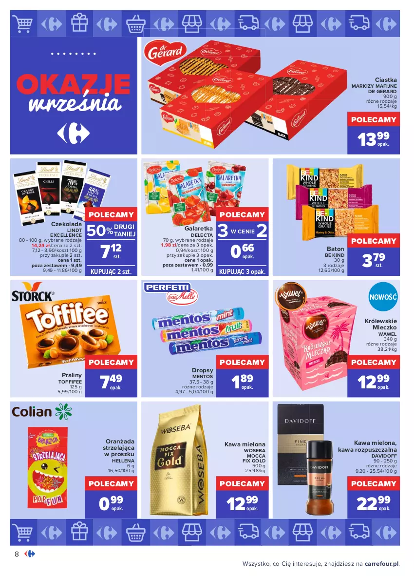 Gazetka promocyjna Carrefour - Gazetka Okazje września - ważna 31.08 do 25.09.2021 - strona 8 - produkty: Baton, Ciastka, Czekolada, Davidoff, Delecta, Dr Gerard, Gala, Galaretka, Hellena, Kawa, Kawa mielona, Kawa rozpuszczalna, Kosz, Królewski, Królewskie Mleczko, Lindt, Mentos, Mleczko, Mocca Fix Gold, Oranżada, Praliny, Toffifee, Wawel, Woseba