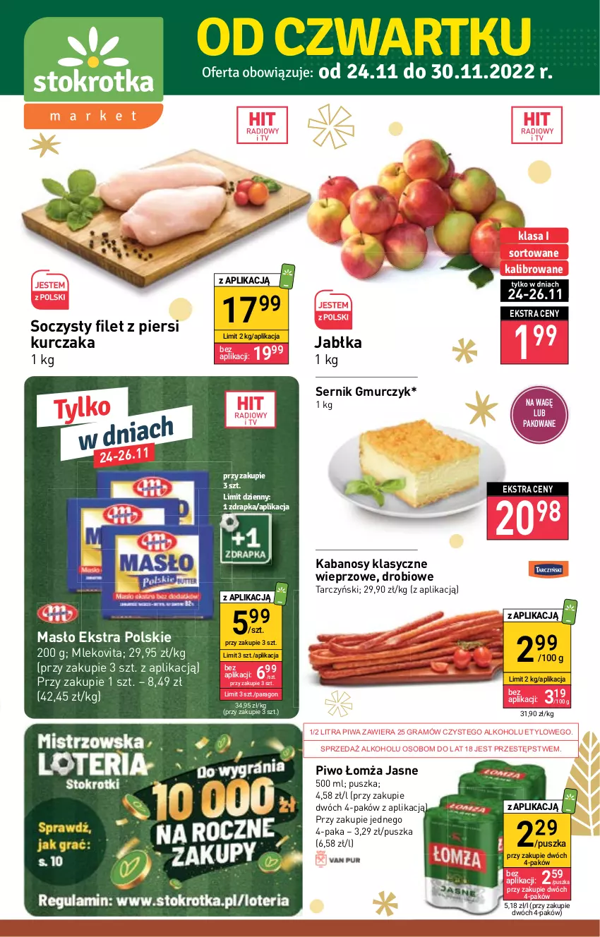 Gazetka promocyjna Stokrotka - Market - ważna 24.11 do 30.11.2022 - strona 1 - produkty: Filet z piersi kurczaka, Gra, Jabłka, Kabanos, Kurczak, Masło, Mleko, Mlekovita, Piwa, Piwo, Ser, Tarczyński