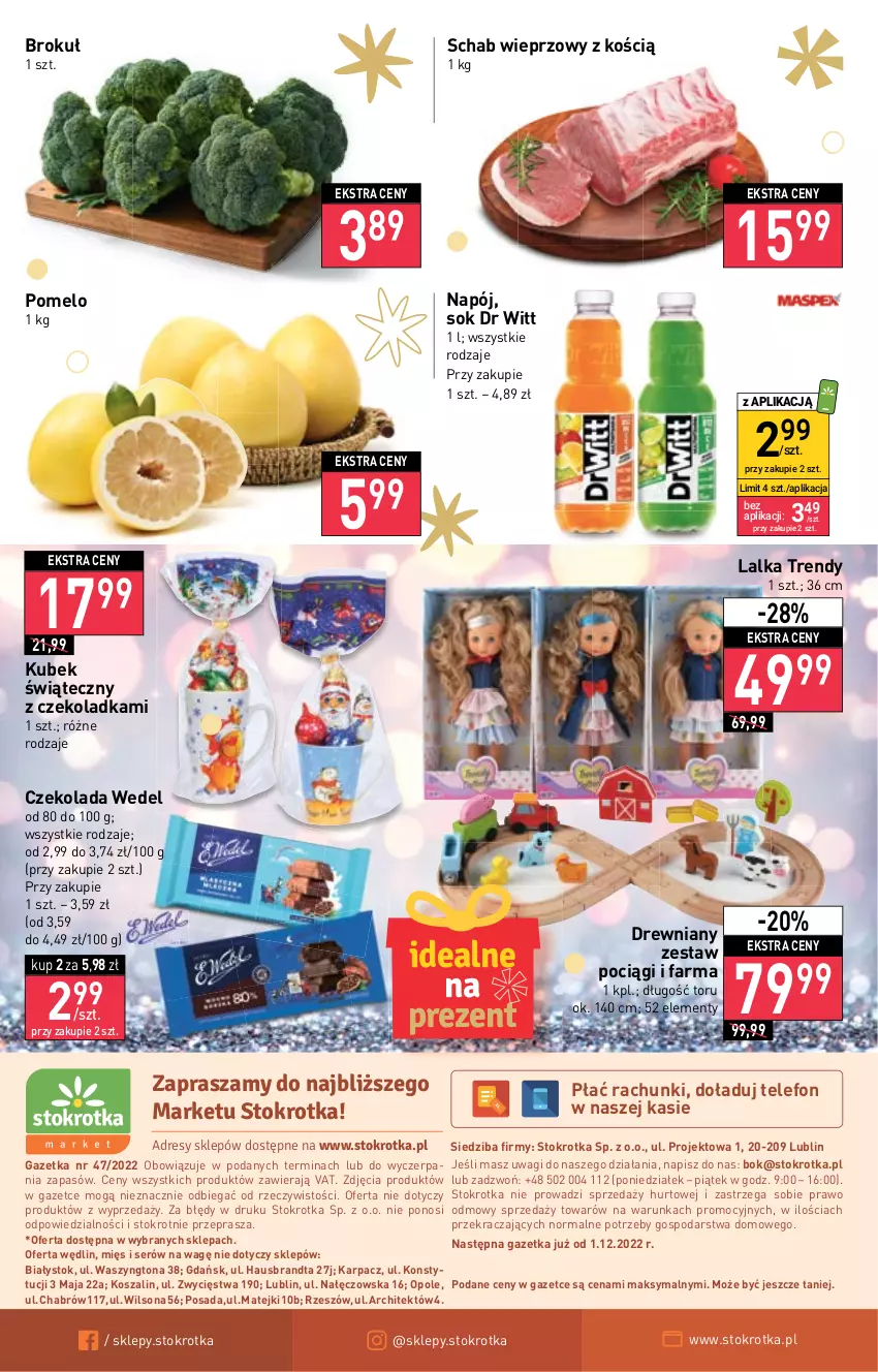 Gazetka promocyjna Stokrotka - Market - ważna 24.11 do 30.11.2022 - strona 12 - produkty: Czekolada, Dres, Fa, JBL, Karp, Kosz, Kubek, Lalka, Napój, O nas, Pociąg, Pomelo, Schab wieprzowy, Ser, Sok, Szal, Telefon, Wagi, Wilson