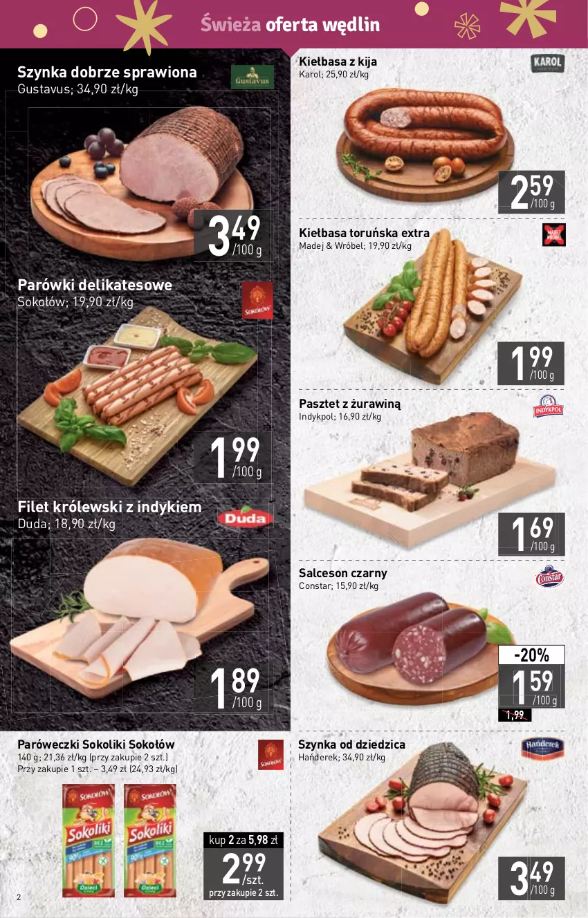 Gazetka promocyjna Stokrotka - Market - ważna 24.11 do 30.11.2022 - strona 2 - produkty: Duda, Kiełbasa, Królewski, Parówki, Pasztet, Salceson, Sok, Sokołów, Szynka