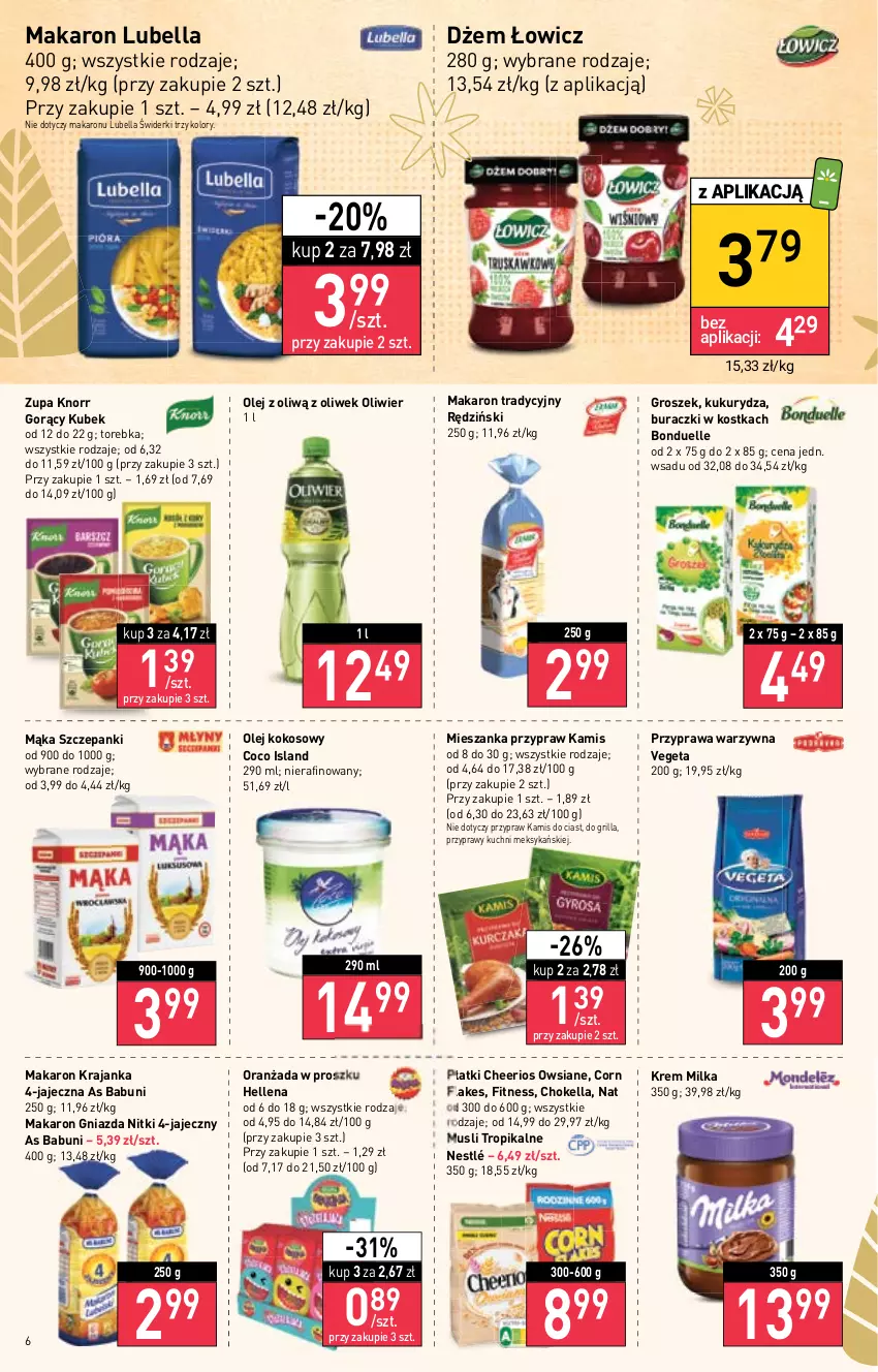 Gazetka promocyjna Stokrotka - Market - ważna 24.11 do 30.11.2022 - strona 6 - produkty: Babuni, Bell, Bella, Bonduelle, Buraczki, Cheerios, Corn flakes, Dżem, Grill, Groszek, Hellena, Isla, Kamis, Knorr, Kokos, Kubek, Kukurydza, Lubella, Mąka, Makaron, Milka, Mus, Nestlé, Olej, Olej kokosowy, Oranżada, Przyprawy, Torebka, Vegeta, Zupa