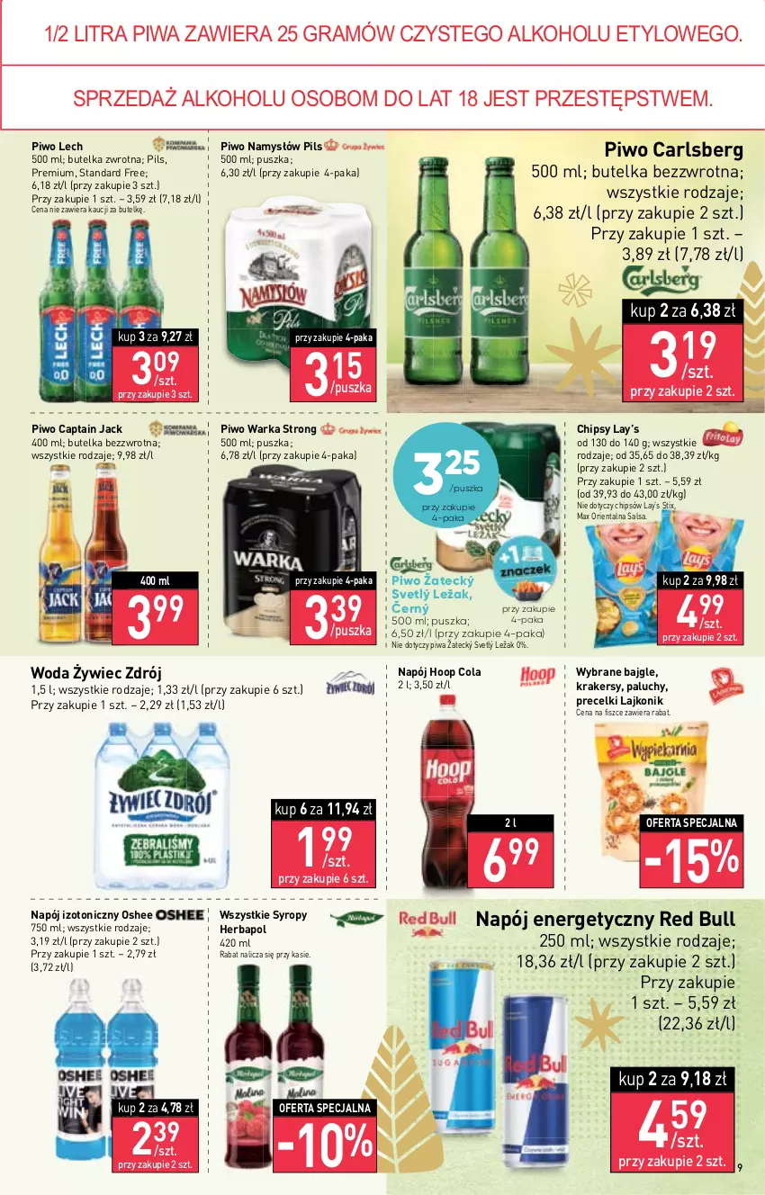 Gazetka promocyjna Stokrotka - Market - ważna 24.11 do 30.11.2022 - strona 9 - produkty: Bajgle, Captain Jack, Carlsberg, Chipsy, Gra, Herbapol, Hoop, Krakersy, Lajkonik, Lay’s, Namysłów, Napój, Napój energetyczny, Napój izotoniczny, Oshee, Piwa, Piwo, Precelki, Red Bull, Salsa, Syrop, Syropy, Warka, Woda