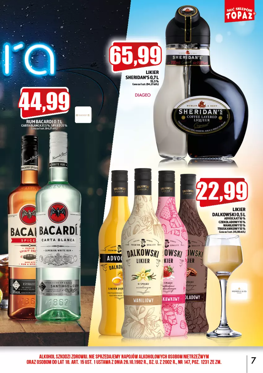 Gazetka promocyjna Topaz - Gazetka - ważna 01.06 do 30.06.2022 - strona 7 - produkty: Advocaat, Bacardi, Likier, Rum, Sheridan's