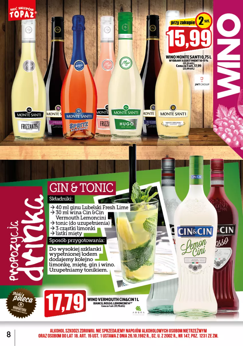 Gazetka promocyjna Topaz - Gazetka - ważna 01.06 do 30.06.2022 - strona 8 - produkty: Gin, Lanki, Monte, Olej, Tonik, Vermouth, Wino