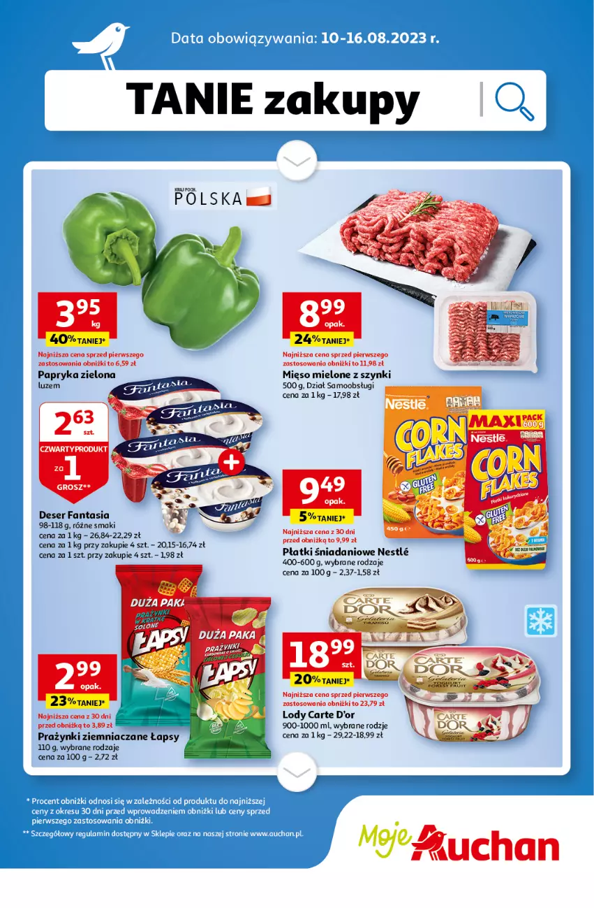 Gazetka promocyjna Auchan - Gazetka TANIE zakupy Moje Auchan - ważna 10.08 do 16.08.2023 - strona 1 - produkty: Carte d'Or, Danio, Deser, Fa, Fanta, Lody, Mięso, Mięso mielone, Mięso mielone z szynki, Papryka, Ser