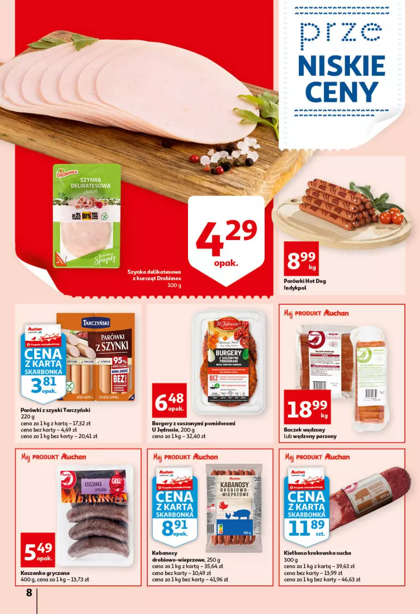 Gazetka promocyjna Auchan - przeNISKIE CENY przeWSPANIAŁE okazje Hipermarkety - ważna 21.04 do 27.04.2022 - strona 8 - produkty: Boczek, Burger, Gry, Hot dog, Kabanos, Kasza, Kaszanka, Kiełbasa, Kiełbasa krakowska, Parówki, Parówki hot dog, Parówki z szynki, Tarczyński