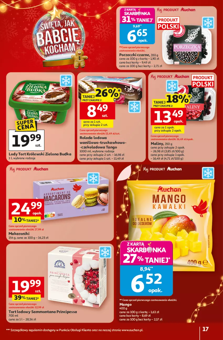 Gazetka promocyjna Auchan - Gazetka Święta jak babcię kocham Hipermarket Auchan - ważna 18.12 do 23.12.2025 - strona 17 - produkty: Gra, Królewski, Lody, Makaron, Maliny, Mango, Por, Porzeczki czarne, Rolada, Zielona Budka