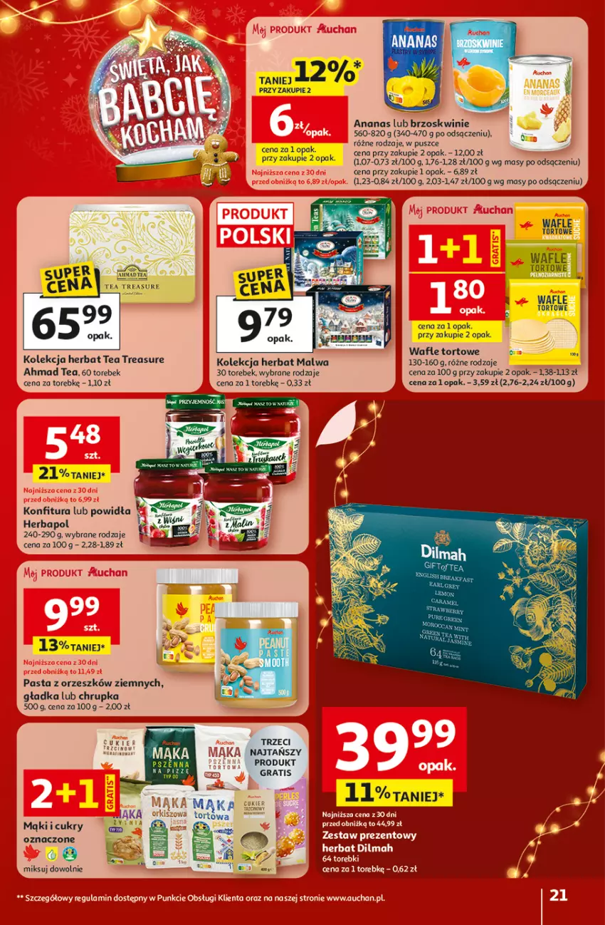 Gazetka promocyjna Auchan - Gazetka Święta jak babcię kocham Hipermarket Auchan - ważna 18.12 do 23.12.2025 - strona 21 - produkty: Ananas, Brzoskwinie, Dilmah, Gra, Herbapol, Konfitura, Wafle, Wafle tortowe, Zestaw prezentowy
