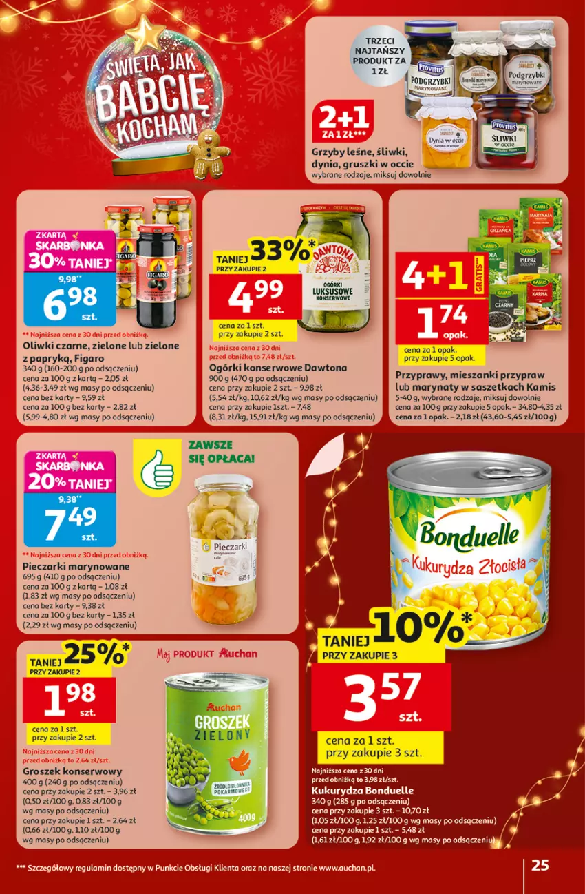 Gazetka promocyjna Auchan - Gazetka Święta jak babcię kocham Hipermarket Auchan - ważna 18.12 do 23.12.2025 - strona 25 - produkty: Bonduelle, Dawtona, Groszek, Gruszki, Grzyby, Kamis, Kukurydza, Ogórki konserwowe, Oliwki, Oliwki czarne, Piec, Przyprawy, Ser