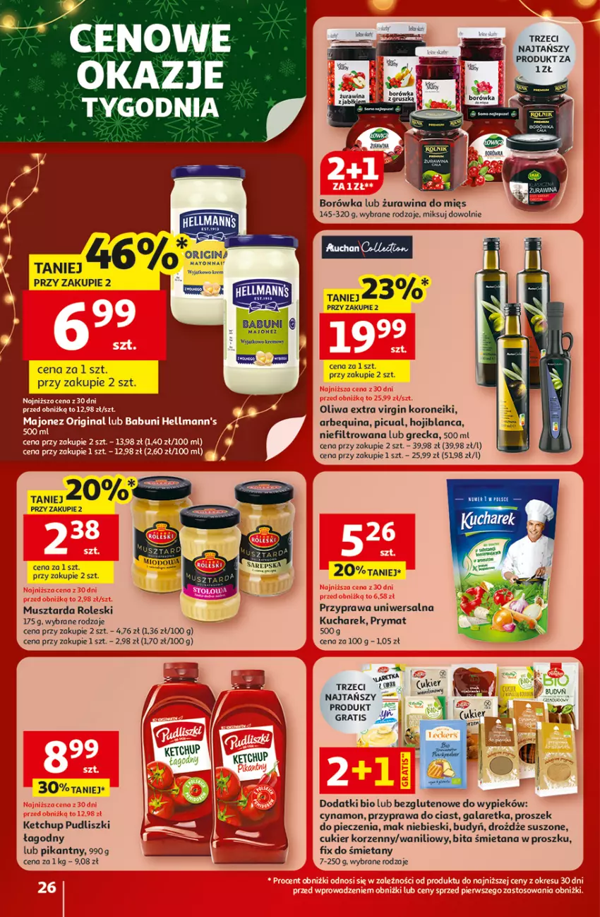 Gazetka promocyjna Auchan - Gazetka Święta jak babcię kocham Hipermarket Auchan - ważna 18.12 do 23.12.2025 - strona 26 - produkty: Babuni, Borówka, Budyń, Cukier, Drożdże, Gala, Galaretka, Gin, Gra, Ketchup, Kucharek, Majonez, Mus, Musztarda, Piec, Prymat, Przyprawa uniwersalna, Pudliszki