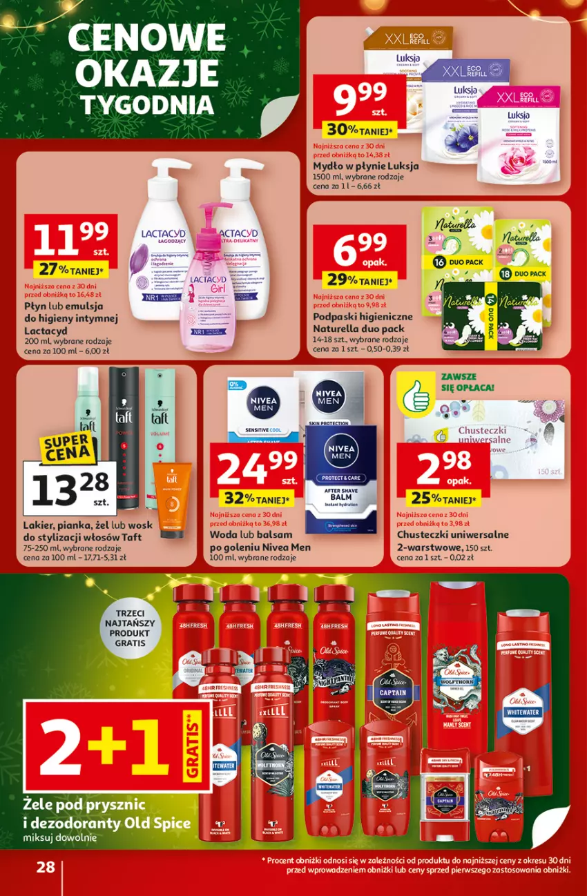 Gazetka promocyjna Auchan - Gazetka Święta jak babcię kocham Hipermarket Auchan - ważna 18.12 do 23.12.2025 - strona 28 - produkty: Chusteczki, Emulsja, Gra, Lactacyd, Lakier, Luksja, Mydło, Mydło w płynie, Naturell, Naturella, Nivea, Nivea Men, Podpaski, Taft, Woda