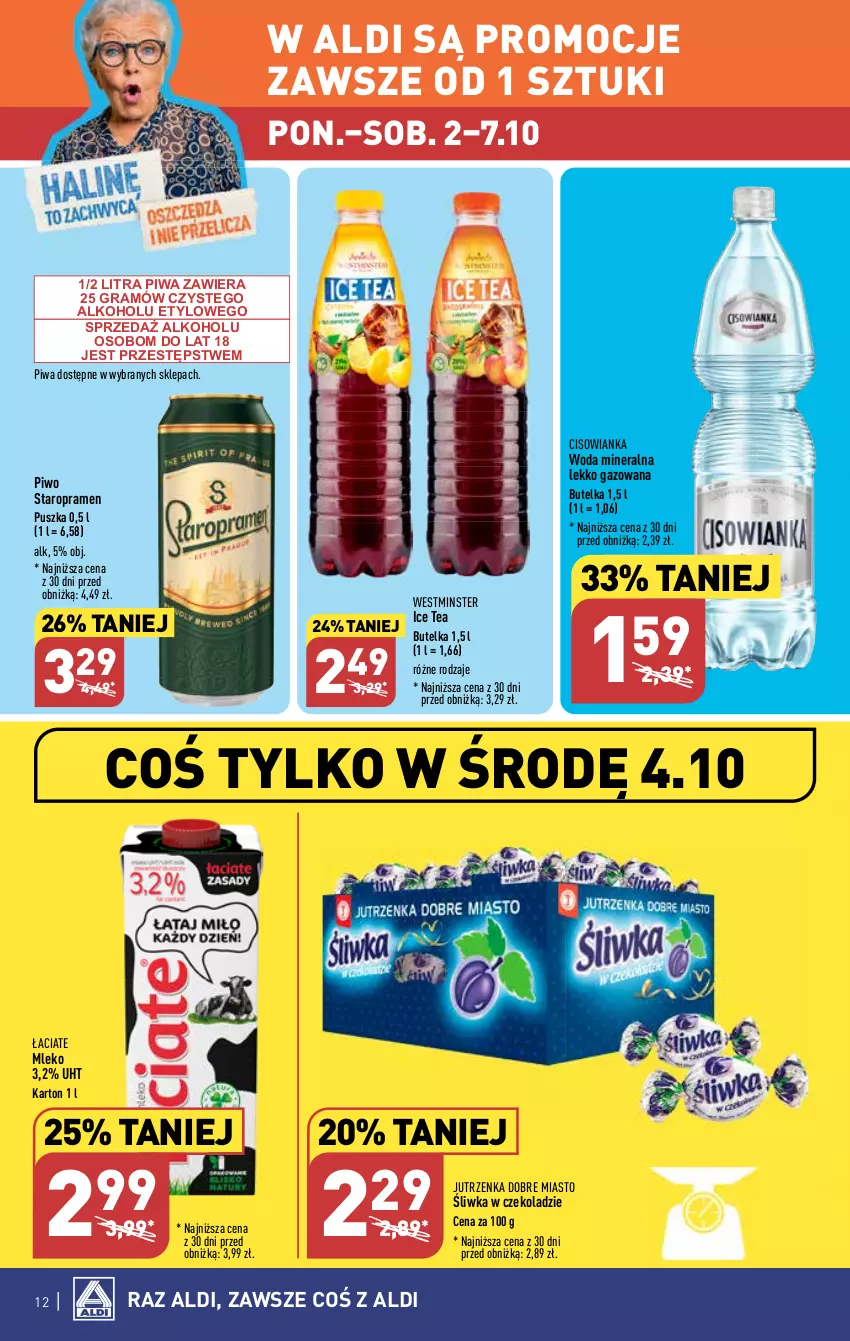 Gazetka promocyjna Aldi - Pełna oferta - ważna 02.10 do 07.10.2023 - strona 12 - produkty: Cisowianka, Gra, Ice tea, Jutrzenka, Mleko, Piwa, Piwo, Woda, Woda mineralna