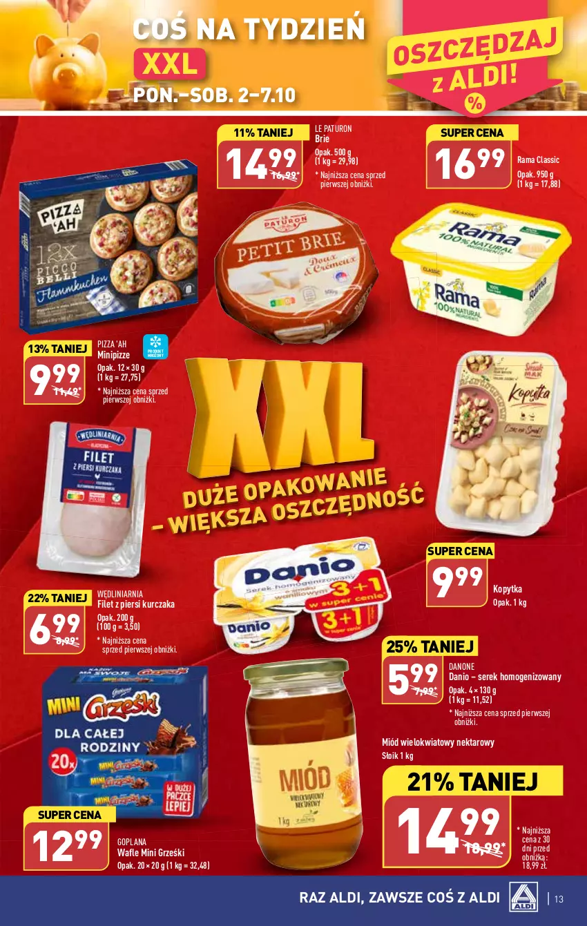 Gazetka promocyjna Aldi - Pełna oferta - ważna 02.10 do 07.10.2023 - strona 13 - produkty: Brie, Danio, Danone, Filet z piersi kurczaka, Goplana, Grześki, Kopytka, Kurczak, LANA, Mini Grześki, Miód, Nektar, Pizza, Rama, Ser, Serek, Serek homogenizowany, Wafle