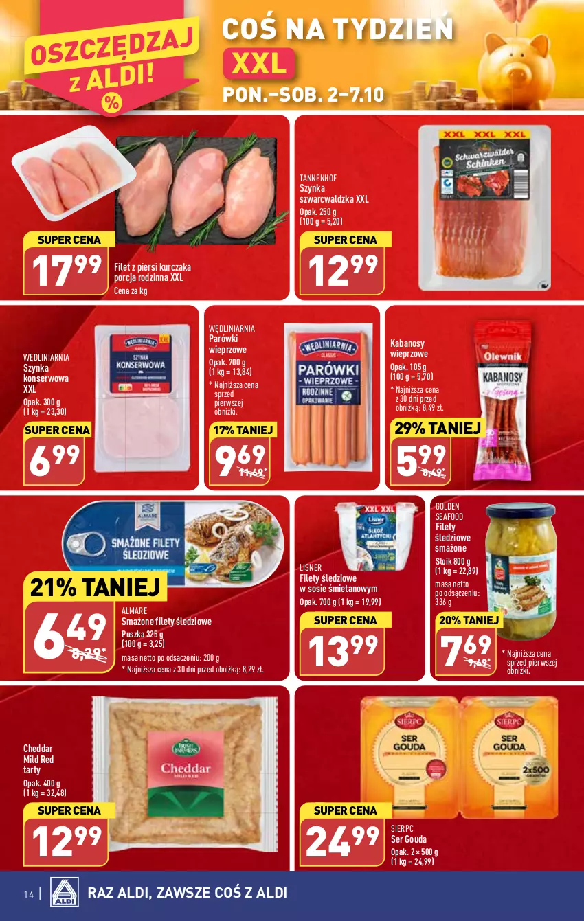 Gazetka promocyjna Aldi - Pełna oferta - ważna 02.10 do 07.10.2023 - strona 14 - produkty: Cheddar, Filet z piersi kurczaka, Golden Seafood, Gouda, Kabanos, Kurczak, Lisner, Parówki, Por, Ser, Sos, Szynka, Szynka konserwowa