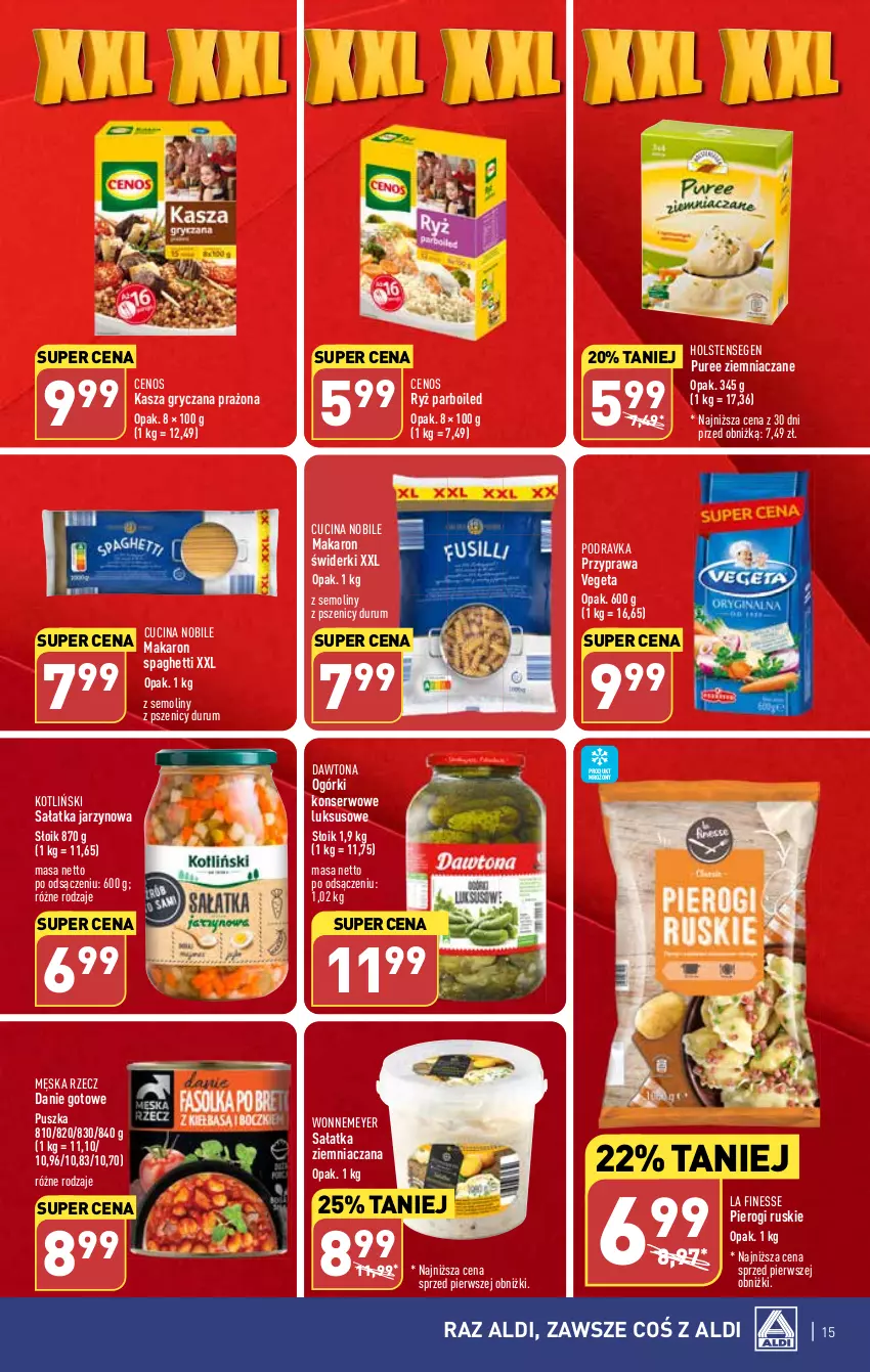 Gazetka promocyjna Aldi - Pełna oferta - ważna 02.10 do 07.10.2023 - strona 15 - produkty: Cenos, Danie gotowe, Dawtona, Gry, Kasza, Kasza gryczana, Makaron, Ogórki konserwowe, Pierogi, Podravka, Pur, Rum, Ryż, Ryż parboiled, Sałat, Sałatka, Ser, Spaghetti, Vegeta