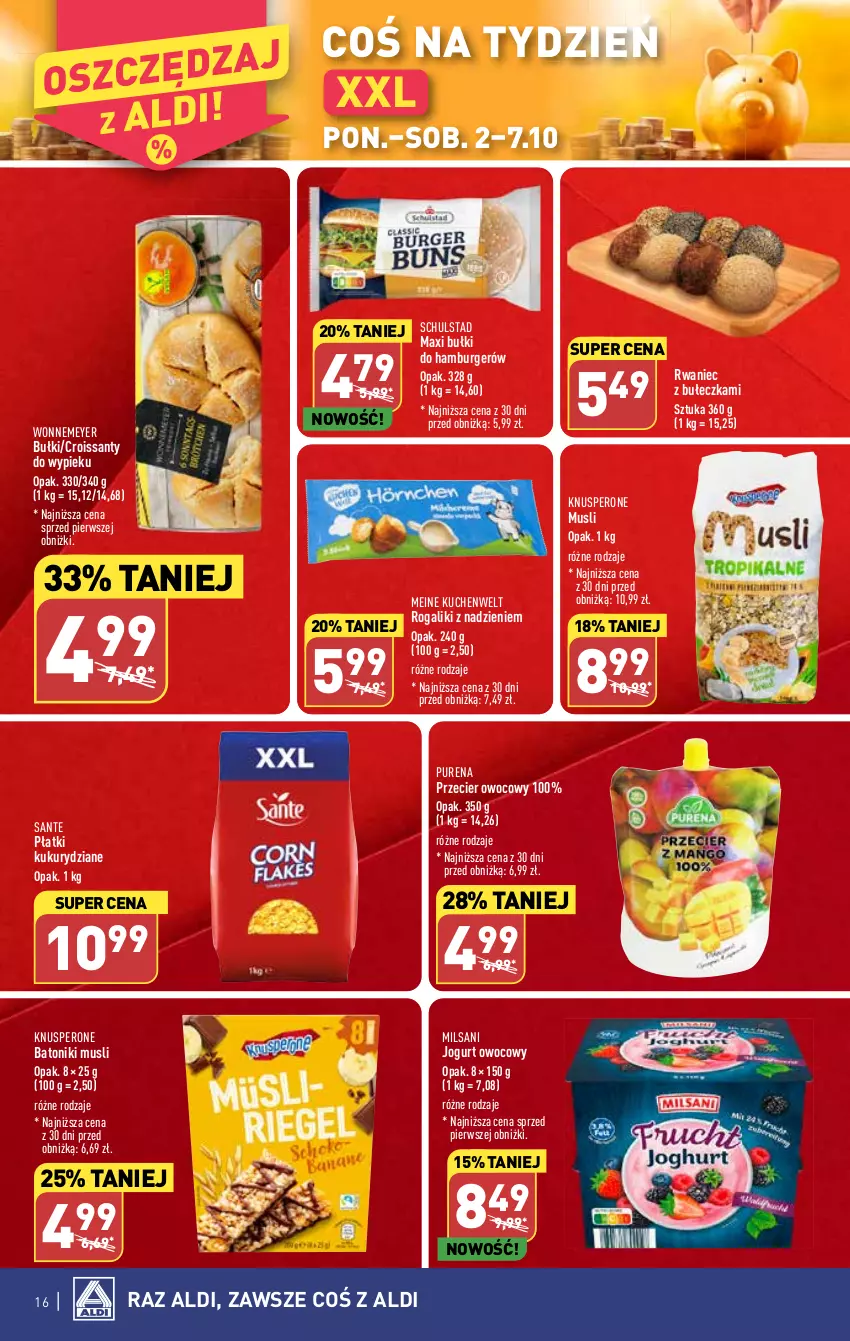 Gazetka promocyjna Aldi - Pełna oferta - ważna 02.10 do 07.10.2023 - strona 16 - produkty: Baton, Burger, Croissant, Hamburger, Jogurt, Jogurt owocowy, Mus, Pur, Rogal, Sante, Tonik