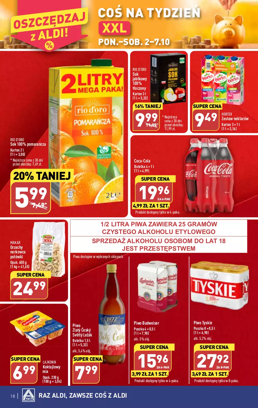 Gazetka promocyjna Aldi - Pełna oferta - ważna 02.10 do 07.10.2023 - strona 18 - produkty: Coca-Cola, Gra, Hortex, Lajkonik, Nektar, Piwa, Piwo, Ser, Sok, Sok jabłkowy, Tyskie