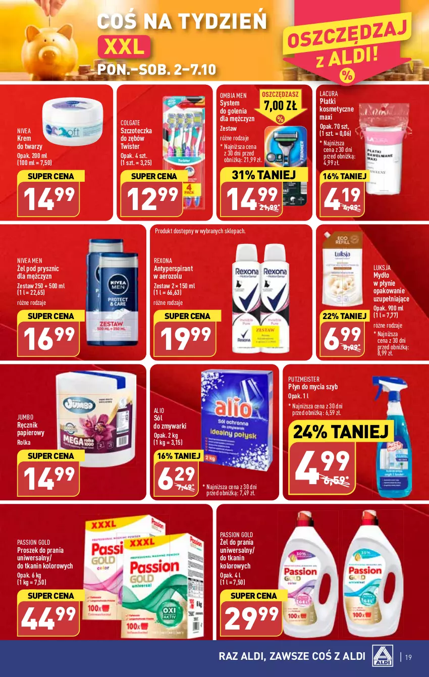 Gazetka promocyjna Aldi - Pełna oferta - ważna 02.10 do 07.10.2023 - strona 19 - produkty: Antyperspirant, Colgate, Krem do twarzy, LG, Luksja, Mydło, Mydło w płynie, Nivea, Nivea Men, Papier, Płatki kosmetyczne, Płyn do mycia, Proszek do prania, Putzmeister, Ręcznik, Rexona, Sól, Szczoteczka, Szczoteczka do zębów, Zmywarki