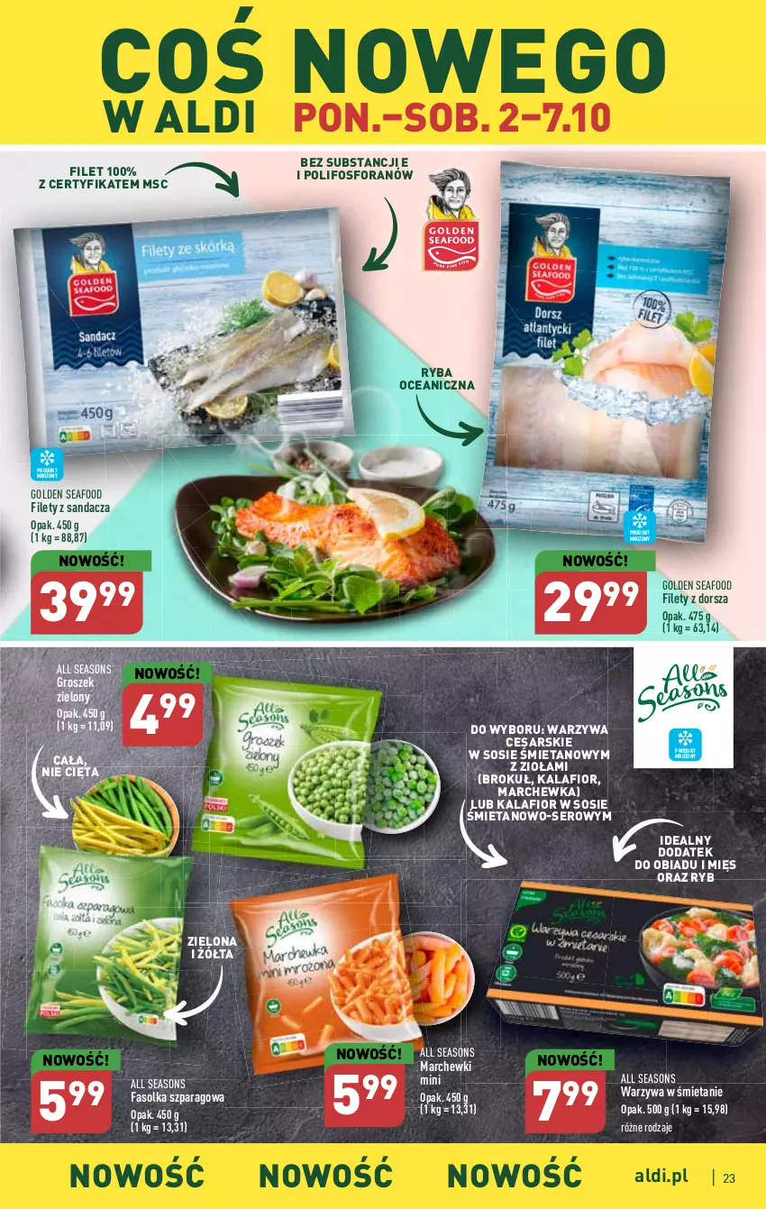 Gazetka promocyjna Aldi - Pełna oferta - ważna 02.10 do 07.10.2023 - strona 23 - produkty: All Seasons, Dorsz, Fa, Golden Seafood, Groszek, Kalafior, Marchewka, Ryba, Sandacz, Ser, Sos, Warzywa