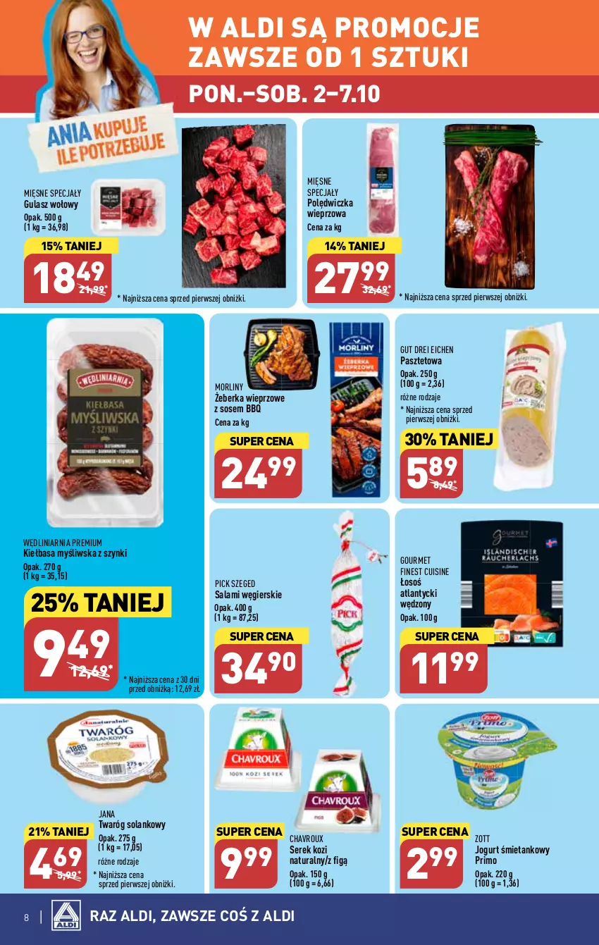 Gazetka promocyjna Aldi - Pełna oferta - ważna 02.10 do 07.10.2023 - strona 8 - produkty: Gulasz wołowy, Jogurt, Kiełbasa, Mięsne specjały, Morliny, Pasztet, Polędwiczka wieprzowa, Salami, Ser, Serek, Solan, Sos, Twaróg, Zott