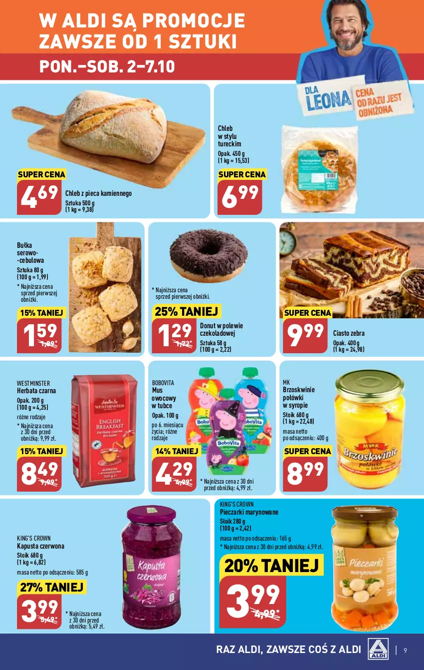 Gazetka promocyjna Aldi - Pełna oferta - ważna 02.10 do 07.10.2023 - strona 9 - produkty: BoboVita, Brzoskwinie, Bułka, Chleb, Donut, Herbata, Herbata czarna, Mus, Piec, Ser, Syrop