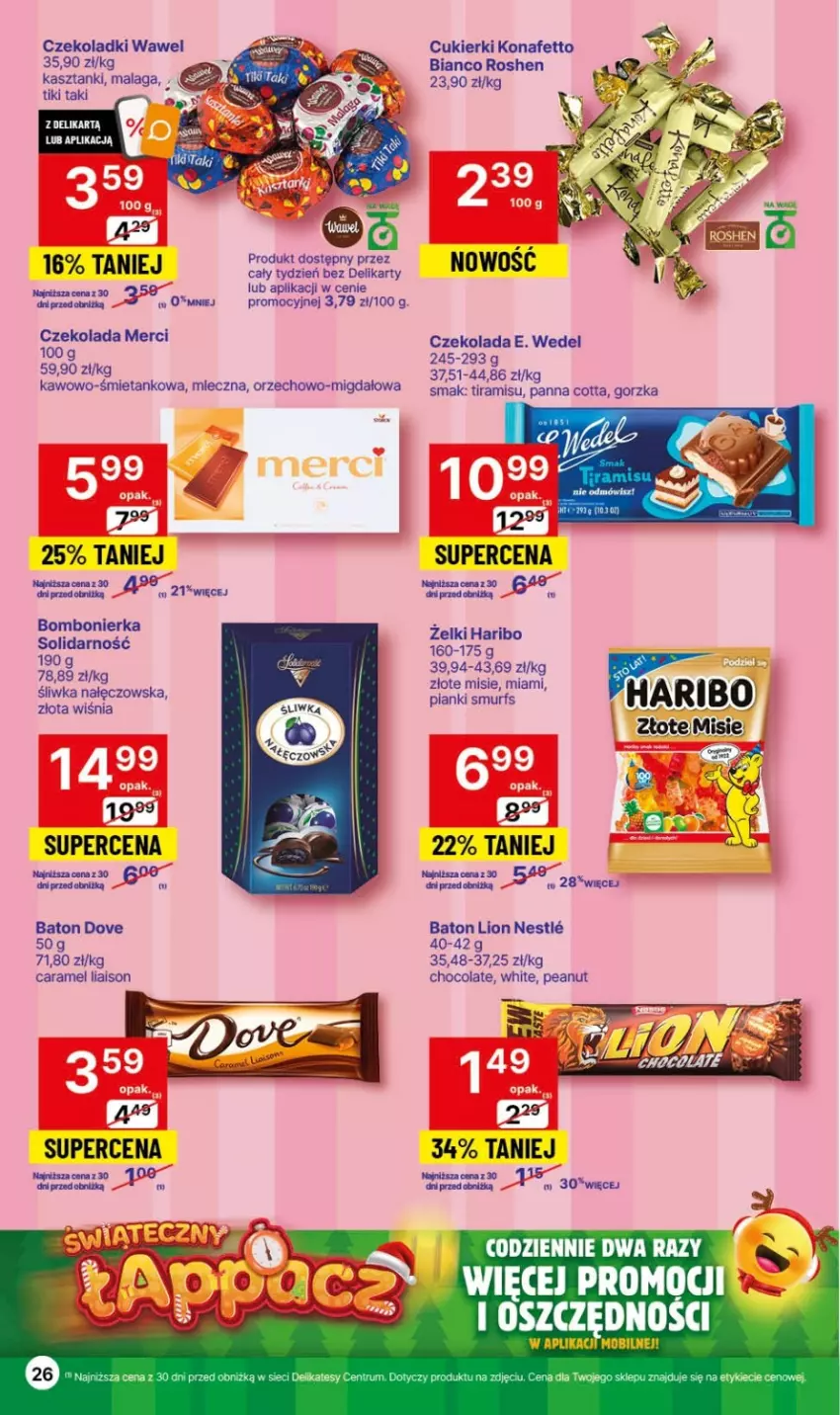 Gazetka promocyjna Delikatesy Centrum - Gazetka DC44 czw-sr - ważna 09.11 do 15.11.2023 - strona 26 - produkty: Baton, Cukier, Cukierki, Czekolada, Dove, E. Wedel, Haribo, Lion, Merci, Panna cotta, Wawel