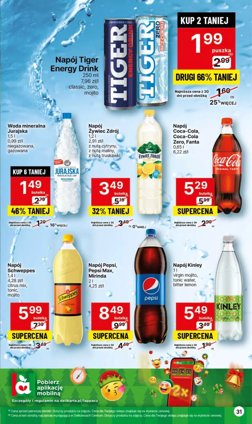 Gazetka promocyjna Delikatesy Centrum - Gazetka DC44 czw-sr - ważna 09.11 do 15.11.2023 - strona 31 - produkty: Coca-Cola, Cytryny, Fa, Fanta, Gin, Maliny, Mirinda, Napój, Pepsi, Pepsi max, Schweppes, Tiger, Truskawki, Woda, Woda mineralna