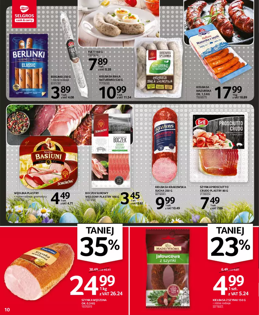 Gazetka promocyjna Selgros - Oferta spożywcza - ważna 25.03 do 05.04.2021 - strona 10 - produkty: Berlinki, Boczek, Gra, Kiełbasa, Kiełbasa biała, Kiełbasa krakowska, Prosciutto, Rama, Szynka, Wędlina